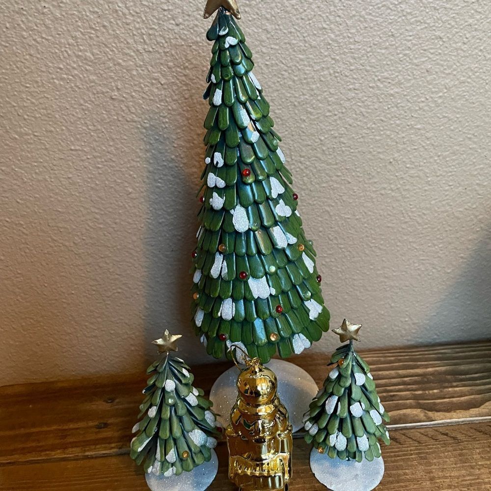 Metal Christmas Trees x 3 and a Golden Nutcracker Ornament